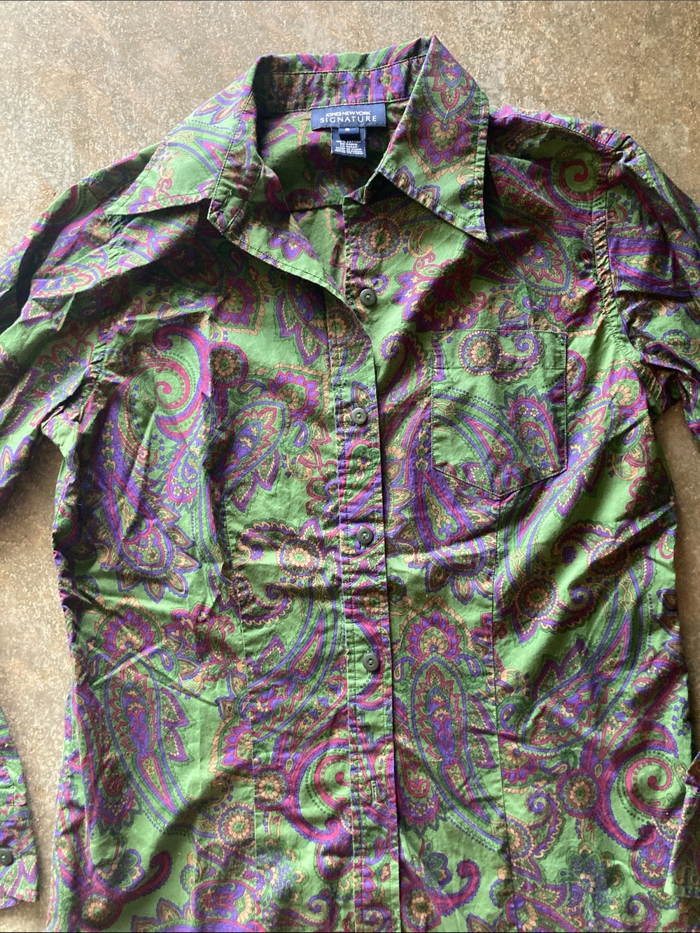 Signature Green Paisley Button-Down Shirt with Purple and Brown Accents